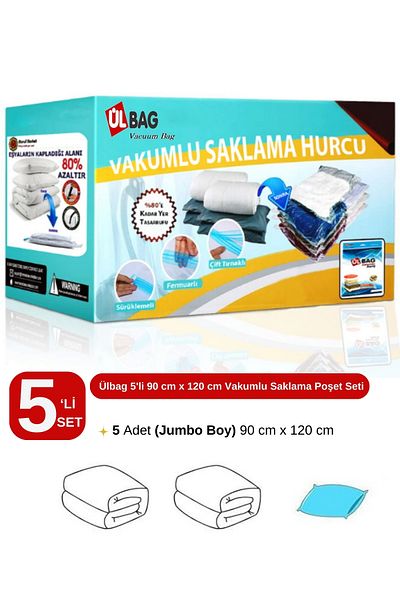 ÜLBAG Σετ 5 τσάντες αποθήκευσης κενού αέρος 90x120cm (μέγεθος Jumbo) Μαξιλάρι και διπλό πάπλωμα