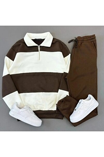 NO 601 Unisex Brown Patternless Five Piece Stand Collar Sweat Brown Sweatpants Set