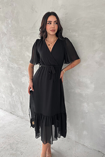 Neşeli Butik γυναικείο φόρεμα σιφόν με διπλό γιακά με ζώνη NBK4115