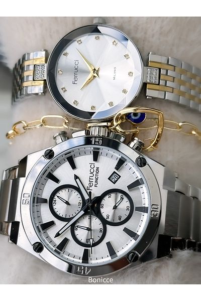 Ferrucci Brand Steel Cord, Silver Yellow Color Dear Couple Wristwatch Rosary Bracelet