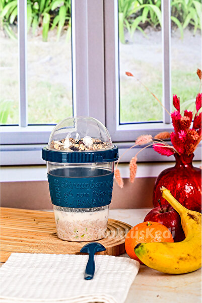 KaktüsKedi Kaşıklı Yemek Taşıma Ve Saklama Kabı | Müsli Ve Yoğurt Kabı Lacivert