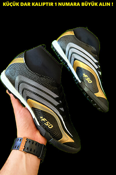 Walked Erkek Çocuk Boğazlı Çoraplı Bilekli Siyah Altın Dişli Krampon Halı Saha Futbol Spor Ayakkabı