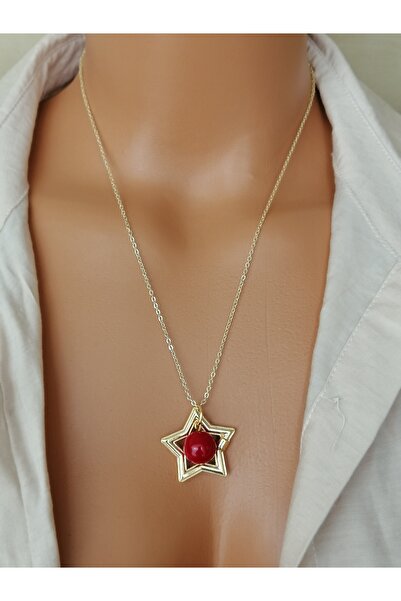 LemaStone Altın kaplama doğal taş kolye :Mercan renkli kuvars taşı