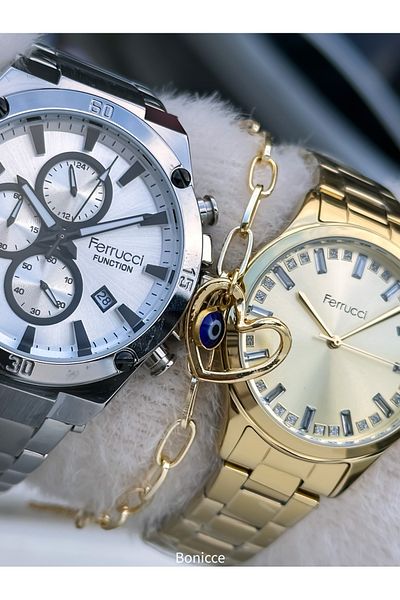Ferrucci Brand Steel Cord,Silver Yellow Color, Lover Couple Wristwatches Rosary Bracelet