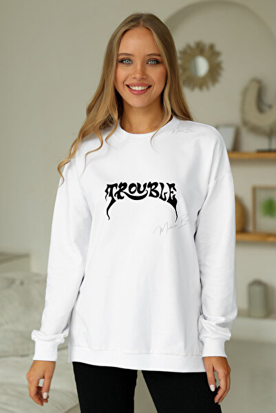 Trouble Bela Yazılı Görsel Baskılı UNİSEX Oversize 0 Yaka Sweetshirt %100 Pamuk