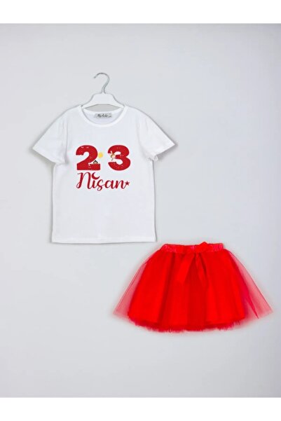 Nacar 23 Nisan Yazılı Ay Yıldız Baskılı Tişört Etek Kombin Set
