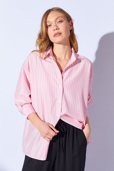 Manche Striped Shirt Bustier Double Women's Set |   Pink Mkw 181141 -01