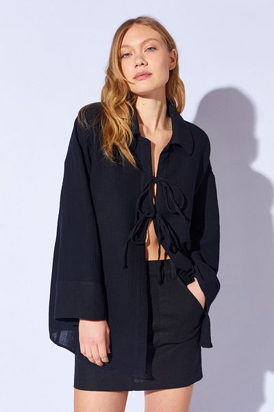 Manche Muslin Natural Cotton Tied Kimono Shirt |   Black Mks 161023 -01