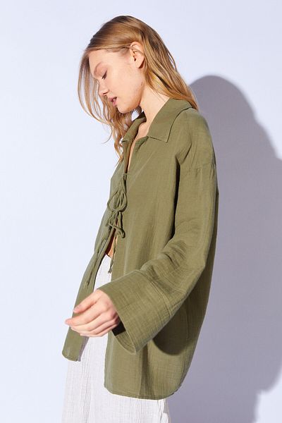 Manche Muslin Natural Cotton Tied Kimono Shirt |   Khaki Mks 161023 -01