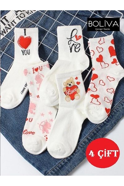 Boliva Çorap Socks Love Teddy Bear Heart Patterned Socks 4 Pairs