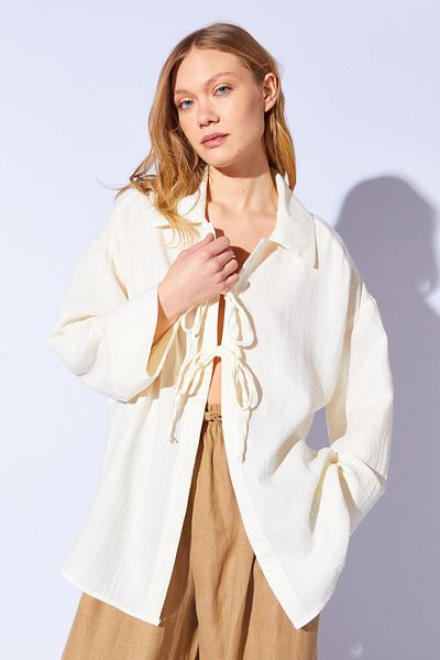 Manche Muslin Natural Cotton Tied Kimono Shirt |   Ecru