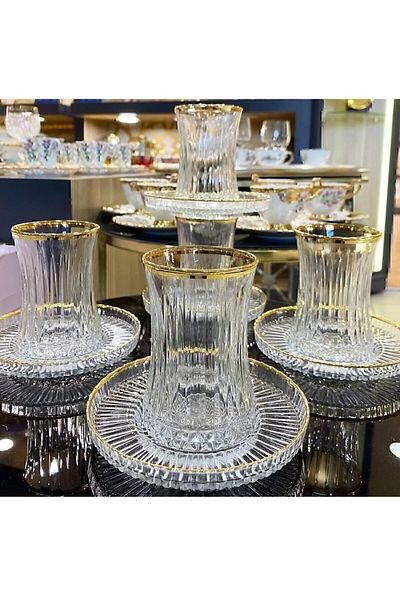 Paşabahçe 12 Piece Gilded Riva Plate Luxury Tea Set Set