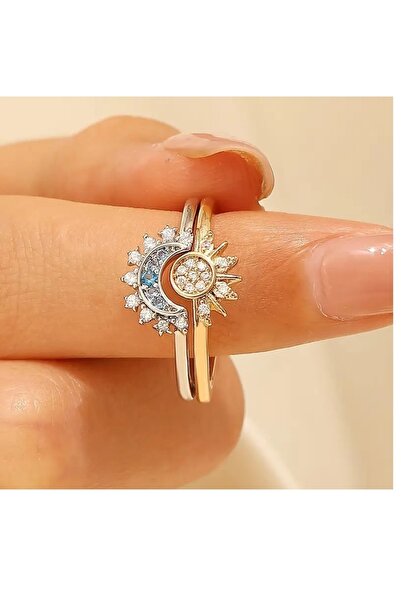 mos&more Ay ve Güneş  2 li  Ayarlanabilir Taşlı Şık Çelik Yüzük