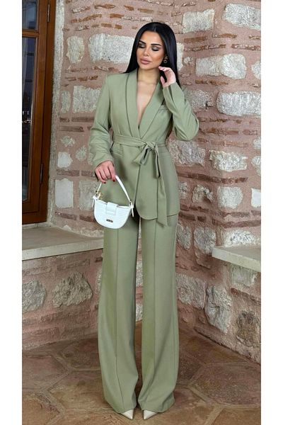 pembekurdelem Khaki Women's Belted Jacket and Trousers Set