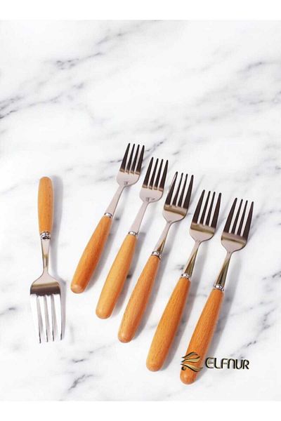 elfnur 6 Pieces Bamboo Handle Steel Dessert and Fruit Fork