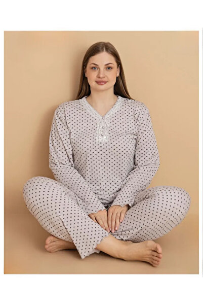pijamakeyfi Kadın Büyük Beden Pijama Takımı Düğmeli & Dantel V Yaka Bambu Kum...