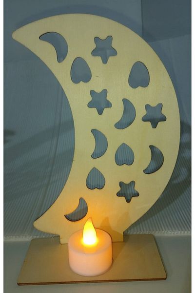 Generic ديكور احتفالات رمضان بلون الخشب الطبيعي، شمعة الكترونية خشبية، زينة رمضان