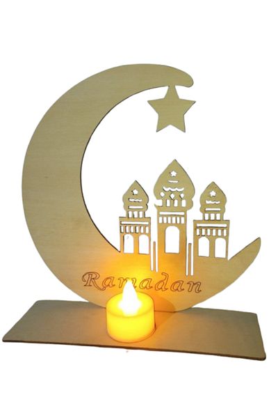 Generic ديكور احتفالات رمضان بلون الخشب الطبيعي، شمعة الكترونية خشبية، زينة رمضان