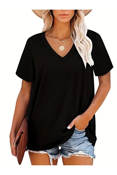 WOODROFFE Kadın V yaka Siyah Beyaz Tişört Happiness Baskılı Oversize Salaş