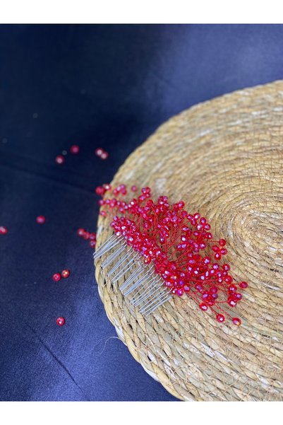 ERYA aksesuar Handmade Crystal Stone Scalloped Red Bridal, Engagement Wedding Promise Hair Accessory Crown