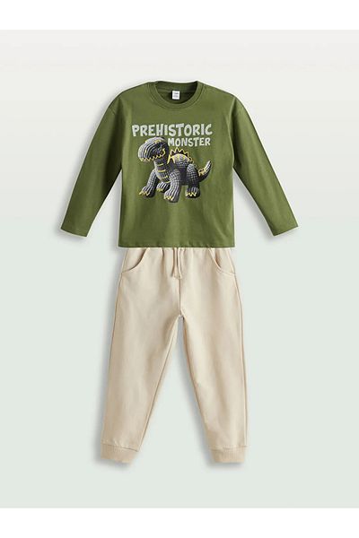 LC Waikiki Lcw Kids Green Dinosaur Printed Boys' T-Shirt and Shorts 2-Pack