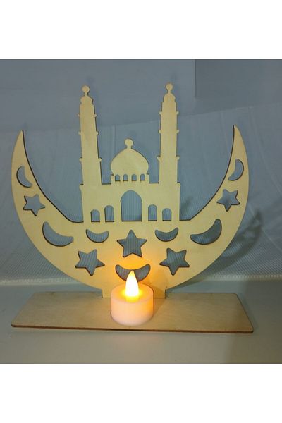 Generic ديكور احتفالات رمضان بلون الخشب الطبيعي، شمعة الكترونية خشبية، زينة رمضان