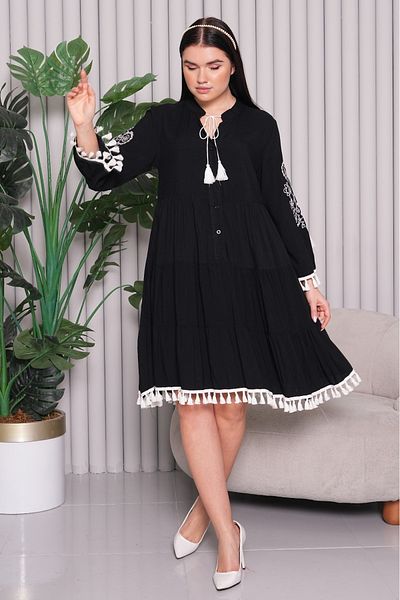 AYASOFYA OTANTIK Women's Black Buttoned Placket Collar Ethnic Embroidery Embroidered Pompom Tassel Detailed Long Sleeve Midi Dress