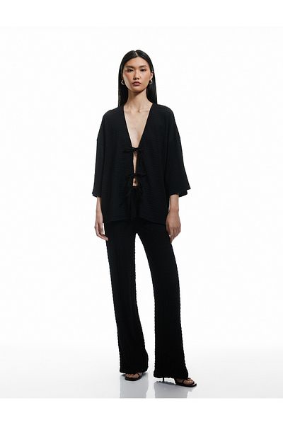 Koton Textured Wide Straight Leg Trousers with Tie Waist