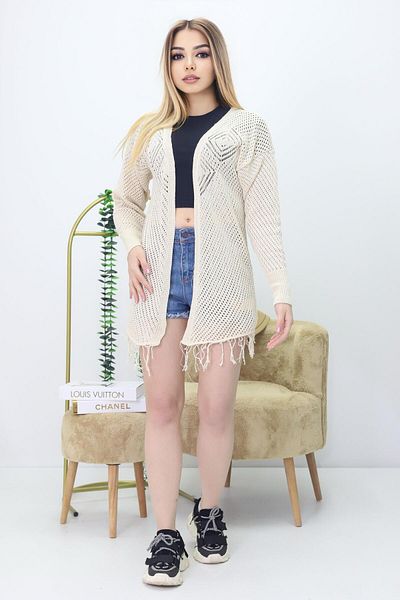 pengu Tasseled Women's Cream Openwork Seasonal Cardigan