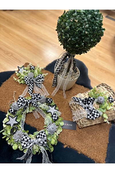 Marrone Damalı Kurdele Kapı Süsü Ve Paspas Takımı  Posta Kutusu Simli Kurdele