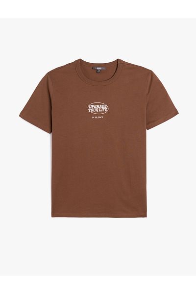 Koton Crew Neck Slogan Printed Cotton Short Sleeve Slim Fit T-Shirt