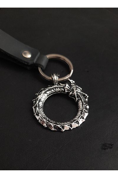 BSN Store Premium Black Real Leather Key Chain with Nordic Self-Eating Snake Dragon Figure
