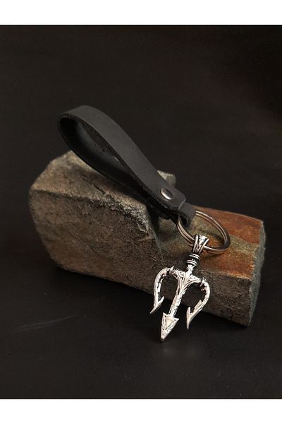 BSN Store Nordic Trident Spear Figured Premium Black Real Leather Key Chain Accessory