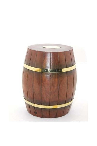 Mu Art Ahşap Brass Wooden Barrel Piggy Bank 18 cm