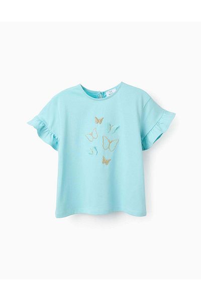 Ziddy Cotton T-shirt with 3D Butterflies for Girls, Blue