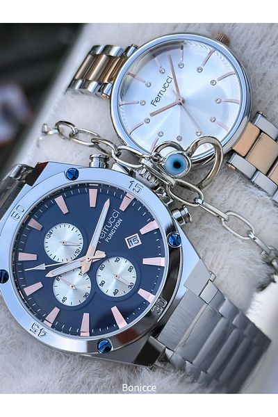 Ferrucci Brand Steel Cord,Silver Rose Color, Lover Couple Wristwatches Rosary Bracelet