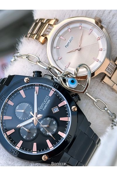 Ferrucci Brand Steel Cord,Black Rose Color, Lover Couple Wristwatches Rosary Bracelet