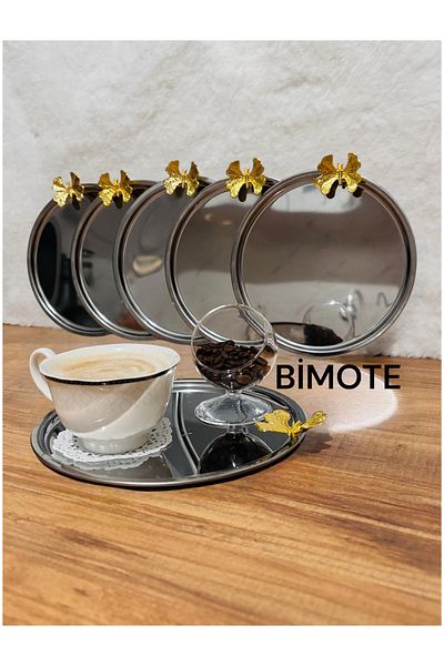 BİMOTE Set of 6 Stainless Steel 21.cm Round Tea, Coffee, Pastry Serving Tray Decorative Presentation Tray