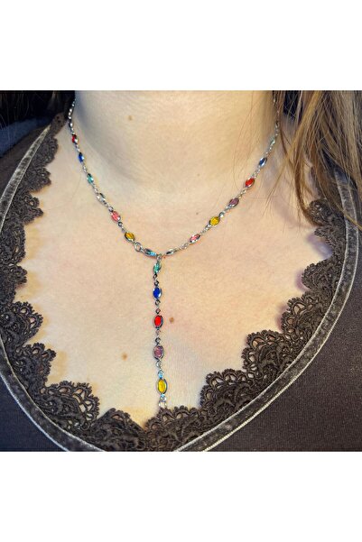 Büşra Shine Aksesuar قلادة فضية على شكل حرف Y للسيدات مع حجر ملون