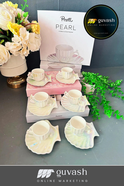 guvash 6 Kişilik Deniz Kabuğu Tabaklı Mükemmel Kahve Fincanı - Özel Tasarlanm...