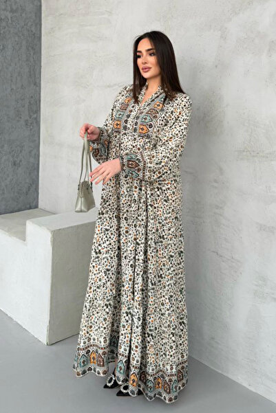 AYASOFYA OTANTIK Γυναικείο μπεζ κουμπί με λεπτομέρεια με μοτίβο μπαλόνι με μανίκια φαρδύ μακρύ φόρεμα