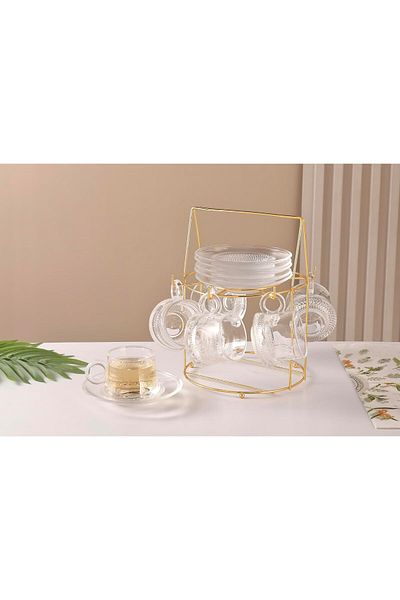 ORCHID 12PCS GLASS CUP & SAUCER SET 100ML WITH STAND