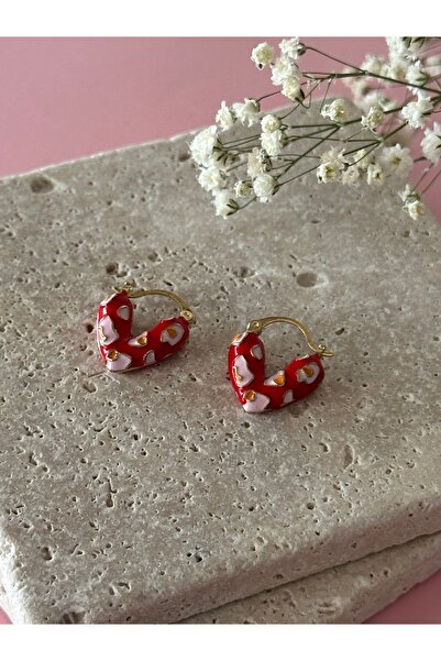 ADORN JEWELRY Mini Kırmızı Kalp Üzeri Leopar Desen Klipsli Küpe