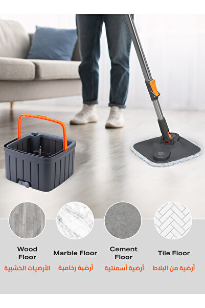 Lawazim Clean Water Spin Mop - Self-Wringing Mop with Dual-Chamber Bucket & Washable Microfiber