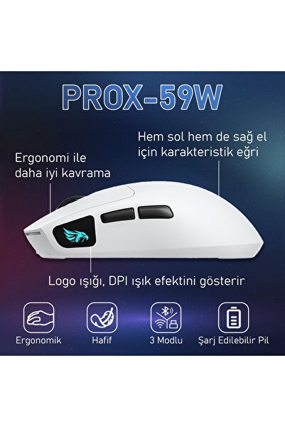 gameagle PROX-59W Serisi Hafif Kablosuz 3 Mode Oyuncu Gaming Optik Mouse (Beyaz)