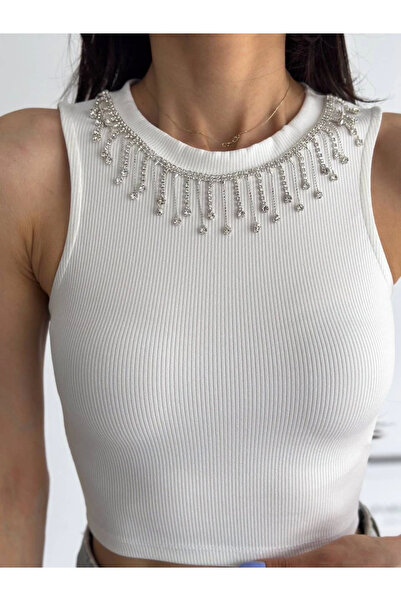 İntive Lingerie Ribbed Camisole Collar Chain Tank Top White
