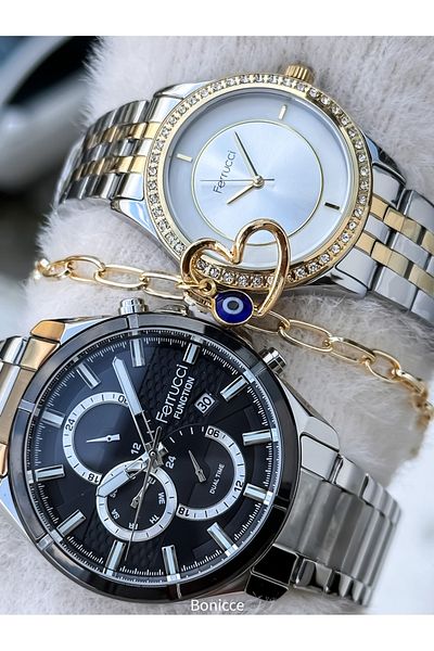 Ferrucci Brand Steel Cord,Silver Yellow Color, Lover Couple Wristwatches Rosary Bracelet