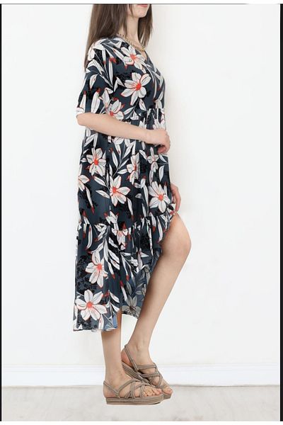 Cisa Design Rochie de damă cu imprimeu floral, cu nasturi și fante în față