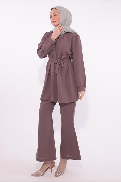 TRENDTESETTÜR Women's Plum Necklace Detailed Pants Suit t 7674