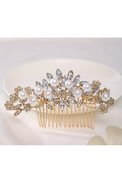 Designia Romantic Elegant Rhinestones & Faux Pearl & Gold Metal Bridal Bun Comb